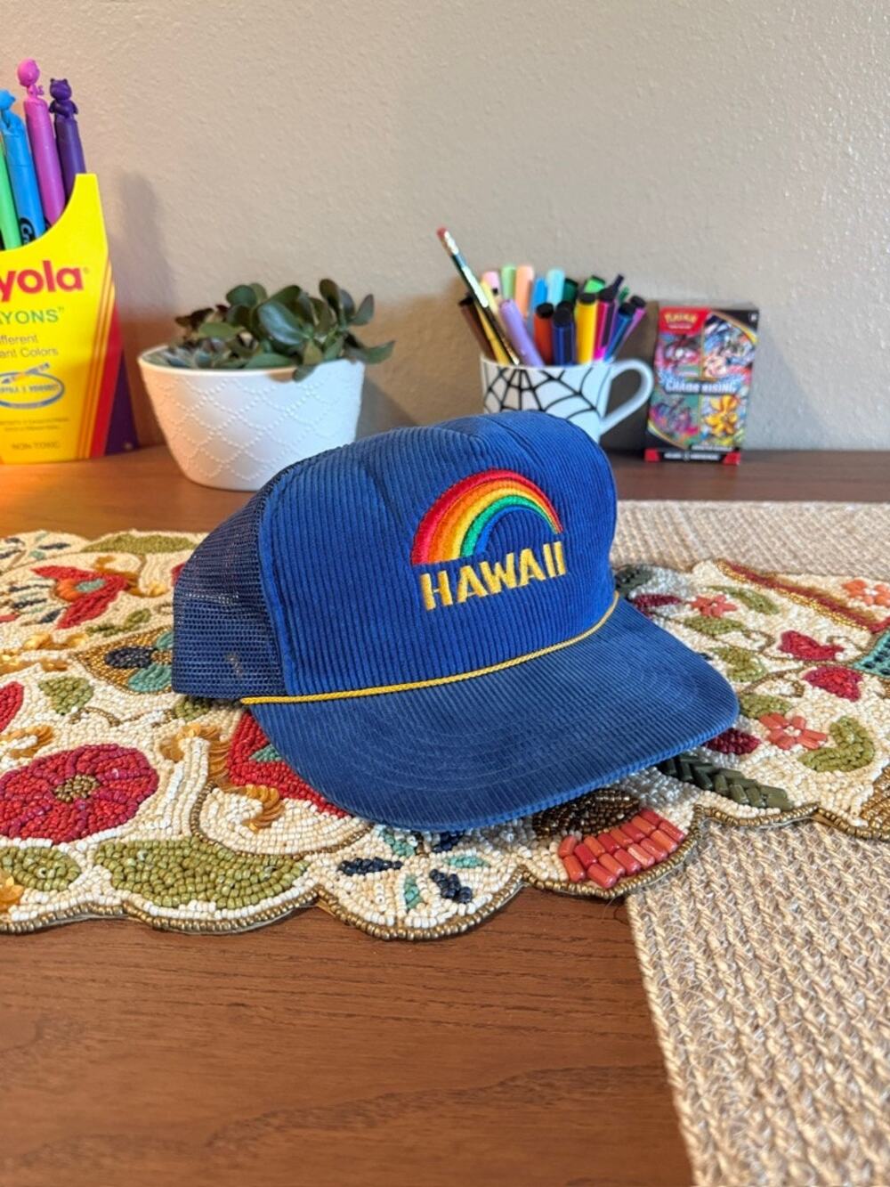 80s Hawaii Rainbow Vintage Hawaiian Headwear Blue Corduroy Trucker Hat Warriors